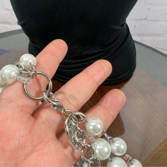 New York & Company Faux Pearls and Silvertone Chain 3 layer statement necklace - Picture 9 of 10